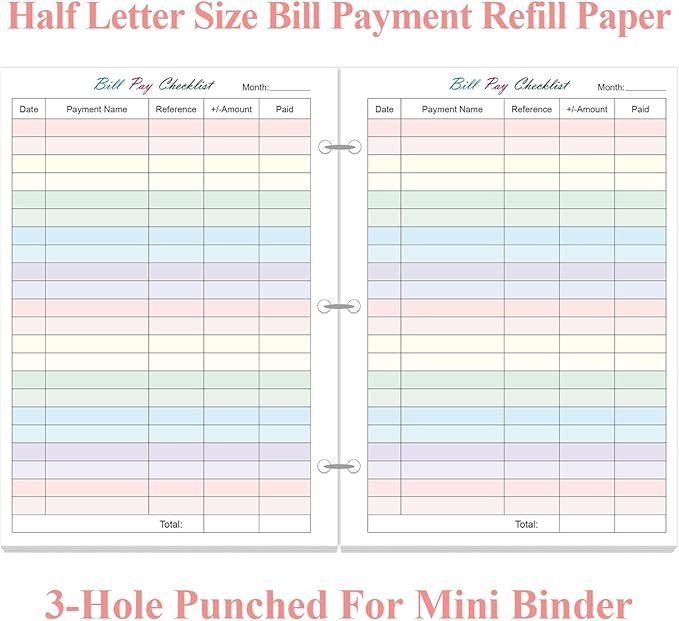Half Letter Size Payment Checklist Refills for 3 Ring Mini Binder - 50 Sheets/100 Pages Colorful Monthly Budget Forms, 100 gsm White Paper, 5.8" x 8.3"