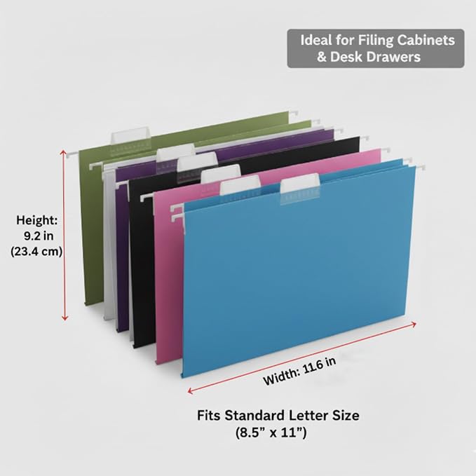 25 Packs Hanging File Folders,Assorted Color Letter Size File Folder,Designed for Bulky Files,Filing Cabinet,1/5 Adjustable Tabs for Office,School,Home(Black,Blue,Pink,Purple,Standard Green)