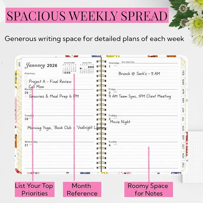 2026-2027 Academic Planner Weekly and Monthly, A5 Agenda July 26 - June 27 with 100GSM Thick Paper, Hardcover Notebook with Tabs,Elastic Closure & Inner Pocket,Cute Cat for Women,Teacher,Students