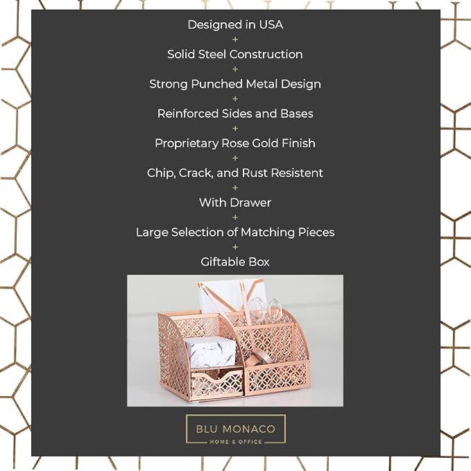 BLU MONACO Rose Gold Desk Organizer – Designer Metal with Rose Gold Finish, Storage for Paper & Office Supplies