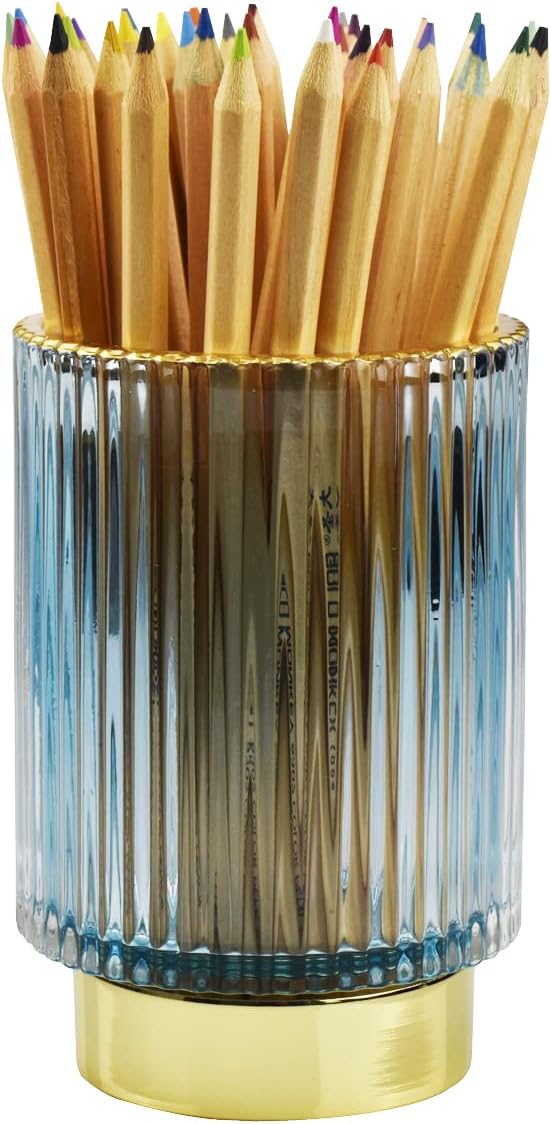 Thick Glass Pen Pot Cute Decorative Pencil Holder Cup for Desk Makeup Brush Holder for Home Office (Blue)
