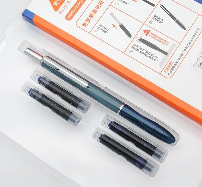 OASO K016 Retractable Fountain Pen Set 0.5mm with 4pcs Blue Ink Cartridges Smooth Writing for School Students (Deep Sea Blue)