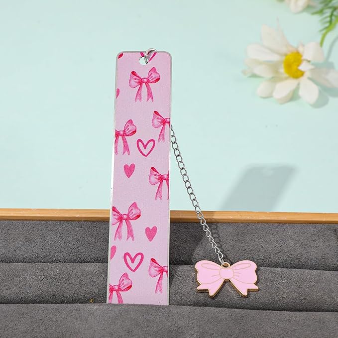 Pink Bowknot Stainless Steel Bookmark - Printed with Cute Bowknot Patterns & Equipped with Heart Pendants, Ideal for Female Readers, Perfect Birthday Gift for Girlfriends (Double-Sided D)