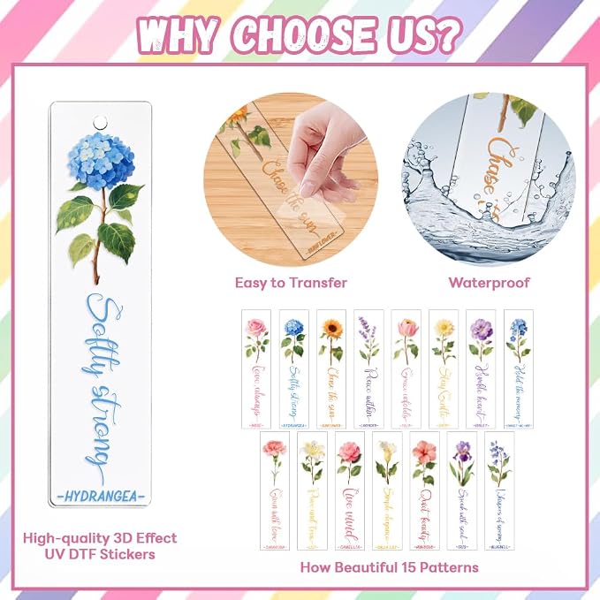 Peacoblue 30pcs UV DTF Bookmarks Transfer Stickers Wraps Simple Flowers for Women Men Reading, Waterproof Bookmarkers Decal(No Blank Bookmarks) for Acrylic Plastic Metal Blank Bookmark