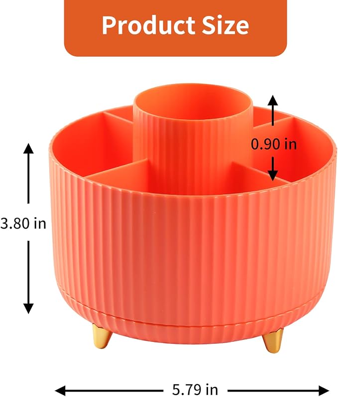 Desk Pencil Pen Holder, 5 Slots 360°Degree Rotating Pen Organizers for Desk, Desktop Storage Stationery Supplies Organizer, Cute Pencil Cup Pot for Office, School, Home, Art Supply, Orange