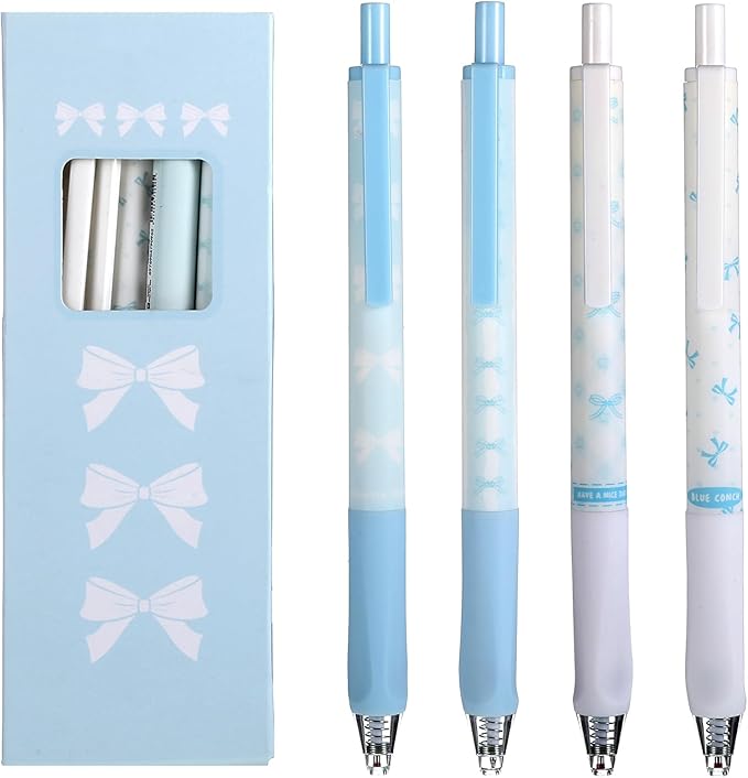 4PCS Retractable Bow Cute Pen, 0.5mm Black Fine Point Gel Pens, Quick-Drying Smooth Pens, Office Supplies for Men and Women (Blue White)