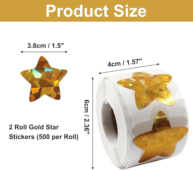 2 Roll 1.5 Inch Gold Foil Star Stickers, Glitter Metallic Self Adhesive Star Labels for DIY Crafts Classroom Student Planner Teachers Supplies (500 Pcs Per Roll)