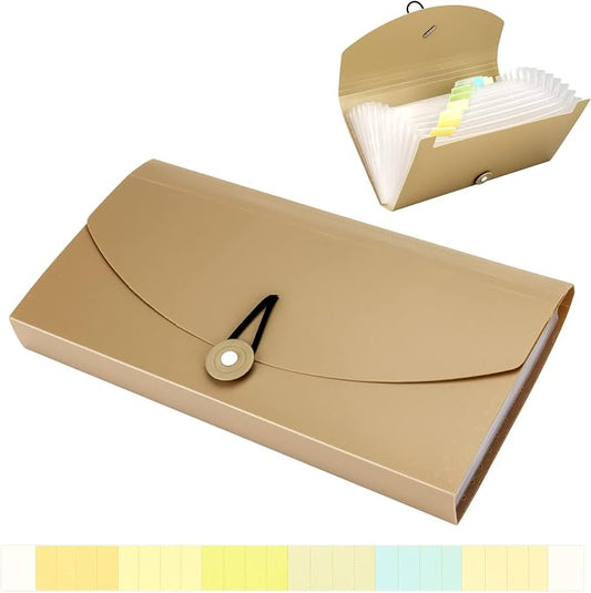 Oak-Pine 13 Pocket Receipt Folder/Expanding Coupon Currency Organizer with Label/Plastic Check Bill File Storage/Small Accordion Card Ticket Holder Wallet for Office Home (Khaki)