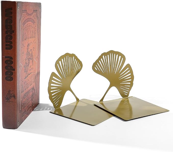 Ginkgo Leaf Metal Bookend, Botanical Leaf Veins Heavy Duty Book Stand, Home and Office Bookshelf Decorative End of The Book (Big Ginkgo Leaf)