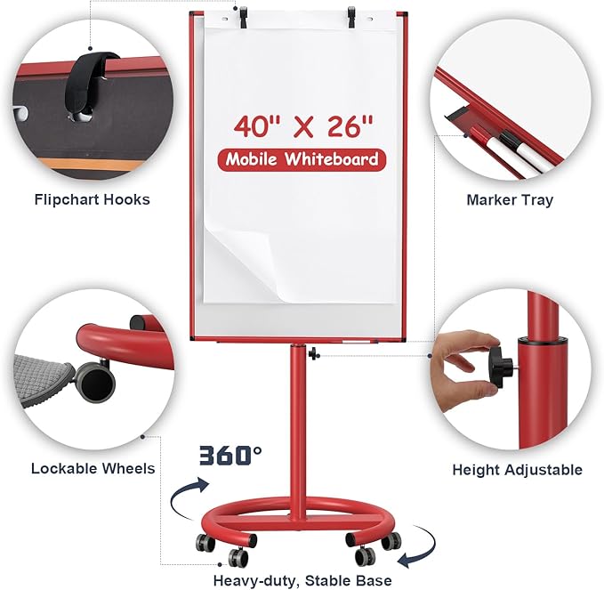 Mobile Dry Erase Board on Wheels, 40x26 Inches Portable Mobile Whiteboard, Magnetic Standing White Board with Flip Chart Paper, Rolling Dry Erase Board for Classroom, School, Office, Home