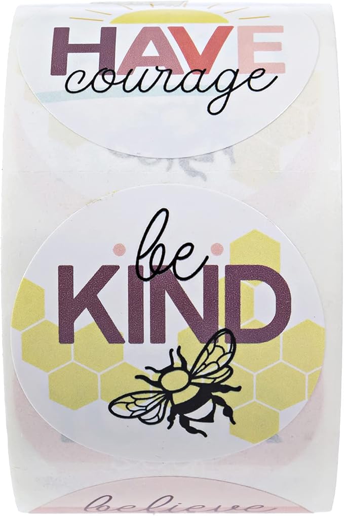 Kindness and Good Vibes Stickers / 500 Encouraging Colorful Classroom Reward Sticker Roll / 6 Alternating Motivational School Teacher Label Designs / 1.5" Round Envelope Seals/Made in The USA
