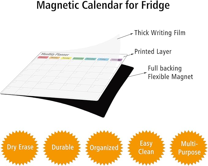 ZazzyKid Magnetic Dry Erase Calendar for Fridge: Pack of 3-14.6” x 11.6” Magnetic Monthly Planner + 7.3” x 11.6” To Do List Pad & Fridge Whiteboard