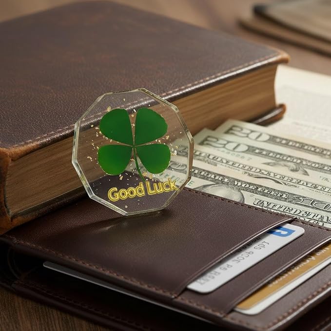 Real Four Leaf Clover Good Luck Pocket Token, Preserved Flower Resin Charm Gold Silver Foil, Real Clover for Wallet, Purse, Bag (Diamond Good Luck)