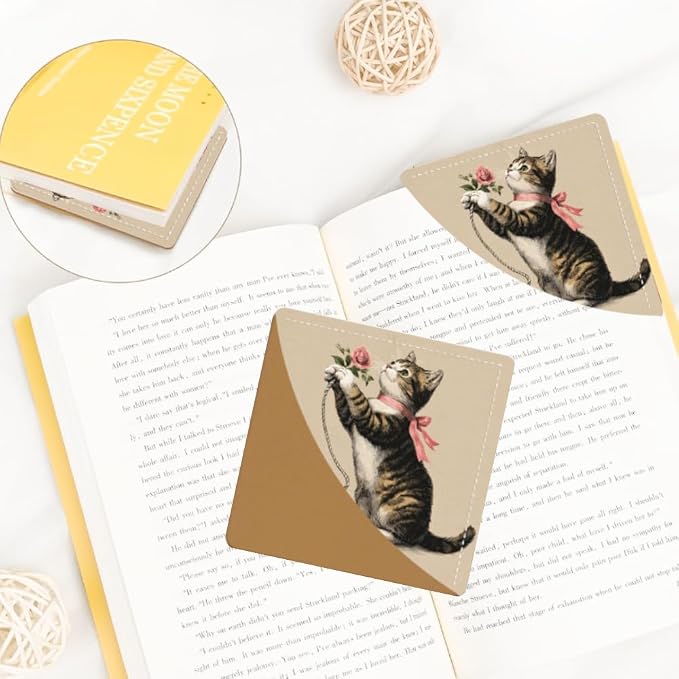 2PCS PU Leather Bookmarks 3.5x3.5 Inch Cat Rose Design | PU leather bookmarks with cat and pink rose design for novels, journals, planners, students, teachers and book lovers.