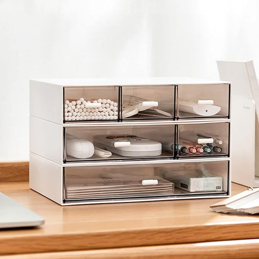 Desk Organizer-3 Tier Stackable Storage Drawers with 6 Compartments White Compact Desk Storage Drawers Great for Makeup Storage Bathroom Organization Accessories Etc (White)