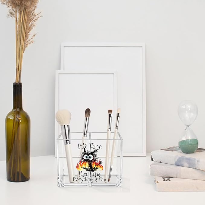It's Fine I'm Fine Acrylic Cosmetic Pencil Pen Holder Funny Black Cat Pen Holder Cup Sarcastic Gifts for Cat Lover Women Men Colleague Boss Decor for Home Office Desk Accessories