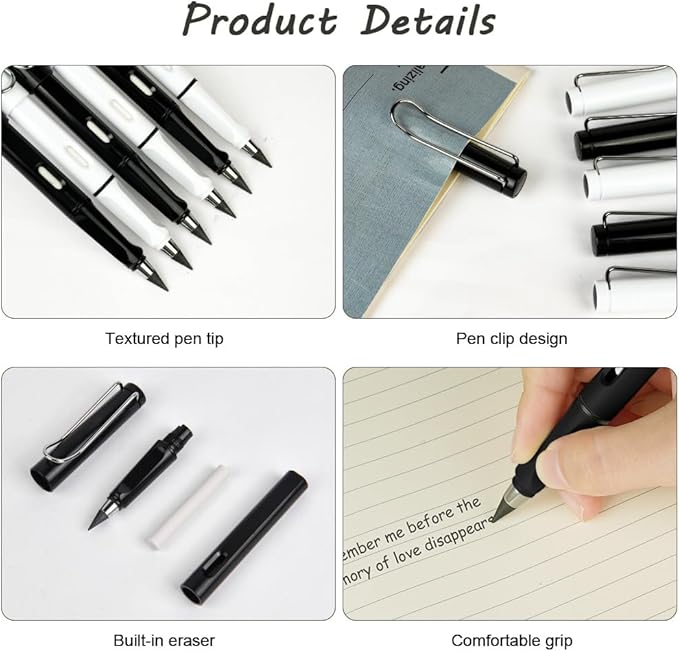 Ainiv Inkless Pencil Forever Pencil, 6 Sets Infinity Pencil Everlasting Pencil with Eraser, Reusable Infinite Pencil with Extra 6 Replaceable Nibs, Endless Pencil for Home Office School Supplies