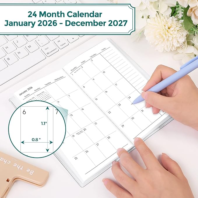 SKYDUE Pocket Calendar 2026-2027, Pocket Monthly Planner Jan 2026 - Dec 2027 for Purse, 6.7" X 3.7" 24-Month Small Planner, Academic Year Calendar, Compact Design with Plastic Sleeve