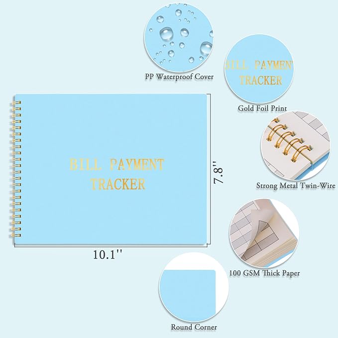HAUTOCO Bill Tracker Notebook Monthly Bill Payment Tracker for Personal Budgeting Home Financial with 2 Storage Pocket, Payments Checklist Organizer Bill Planner 10.1 x 7.8'', Sky Blue