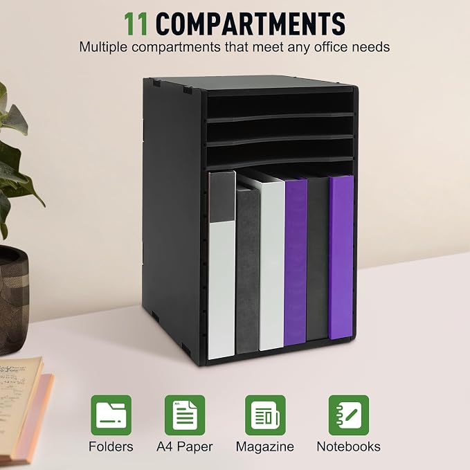 Desk Organizer, 11 Tier Letter Tray Paper Organizer File Sorter Rack Shelves, Black
