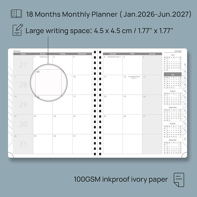 POPRUN Monthly Planner 2026-2027 (Large 8.5" x 10.5") 18 Months Calendar (Jan 2026 - Jun 2027) - 4 Pages per Month with Expense & Notes, Stair-like tabs, Leather Cover, Sunday Starts - Navy Blue