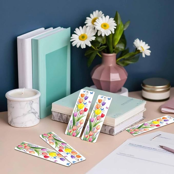 Tulips Flower 5 Pcs Bookmarks Bouquet Art Watercolor Butterflies Wooden Bookmarks with Tassel for Students Reader Teachers Book Lovers