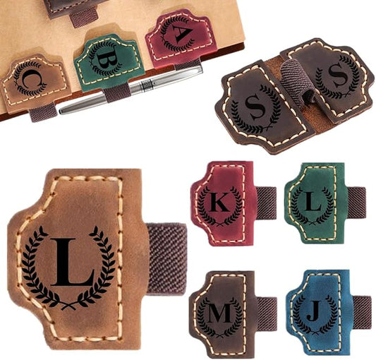 Custom Bookmark with Pen Holder with 26 Letters Personalized Magnetic Leather Book Mark, Customized Name Book Marker Clip with Initial for Men Women, Gifts for Book Lovers, Readers, (Brown, L)