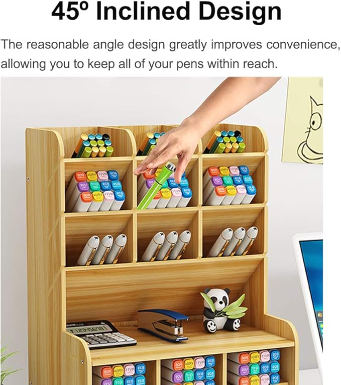 Hggzeg Wooden Desk Organizer with Drawer, Large Capacity DIY Pen Holder Storage Box Desktop Stationary Storage Rack, Pen Organizer Caddies for Office, Home and School Supplies (B16-Cherry Color)