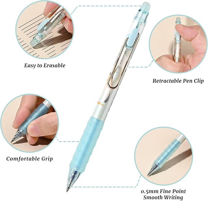 M&G 12Pcs Cute Erasable Gel Pens, 0.5mm Fine Point Retractable Pen, Smooth Writing Quick Dry Blue Ink Pens for School Office Home Supplies (Blue Ink)