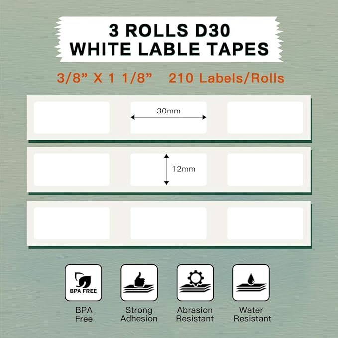 Phomemo D30 Label Maker with 3 Pack 3/8" X 1 1/8" (12mm X 30mm) 210 Labels/Roll Thermal Self-Adhesive Label Paper Back to School Supplies College Essentials Multipurpose Labeling Tape, Name Tag-Green