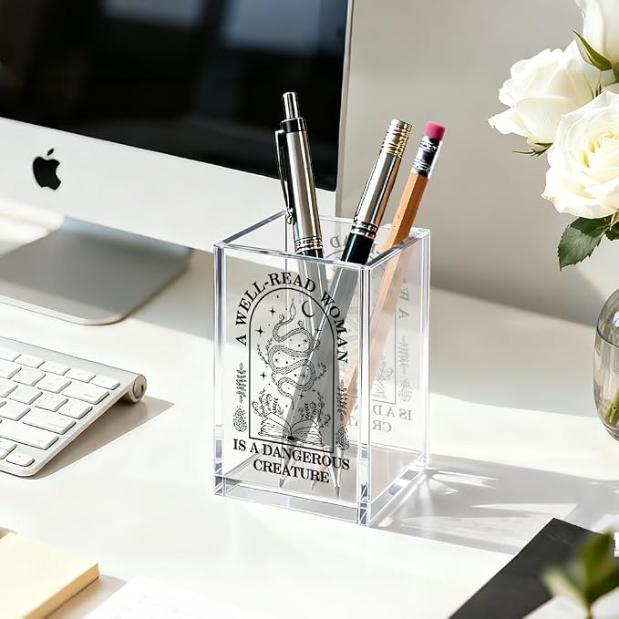 A Well-read Woman Is A Dangerous Creature Acrylic Pen Holder Makeup Organizer, Funny Pencil Pen Holder for Desk, Desk Accessories for Women Librarian Bookish Teacher, Feminist Book Lover Gifts