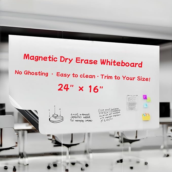 Magnetic Dry Erase Whiteboard 24"x16" - Self-Adhesive Flexible Wall Board for Fridge, Desk, Kids Room w/ 11 Markers, 6 Magnets, Eraser & Holder, Ultra Smooth, No Ghosting, Easy Erase
