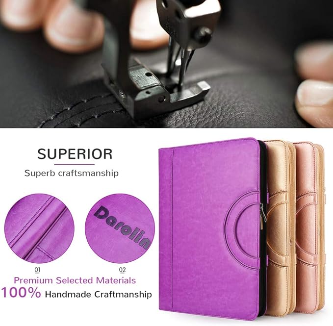 Darolin Zippered Leather Padfolio Portfolio with Hidden Handle and Clipboard, Business Conference Organizer Notepad Folder, Portfolio Bag, Padfolio for Women/Men (Purple)