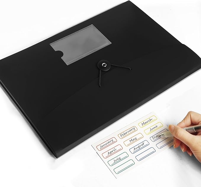 Accordian File Organizer 7 Pocket Expanding File Folder with Labels, Plastic Expandable File Folder for Documents Letter Size A4 Papers - 5-Pack Black