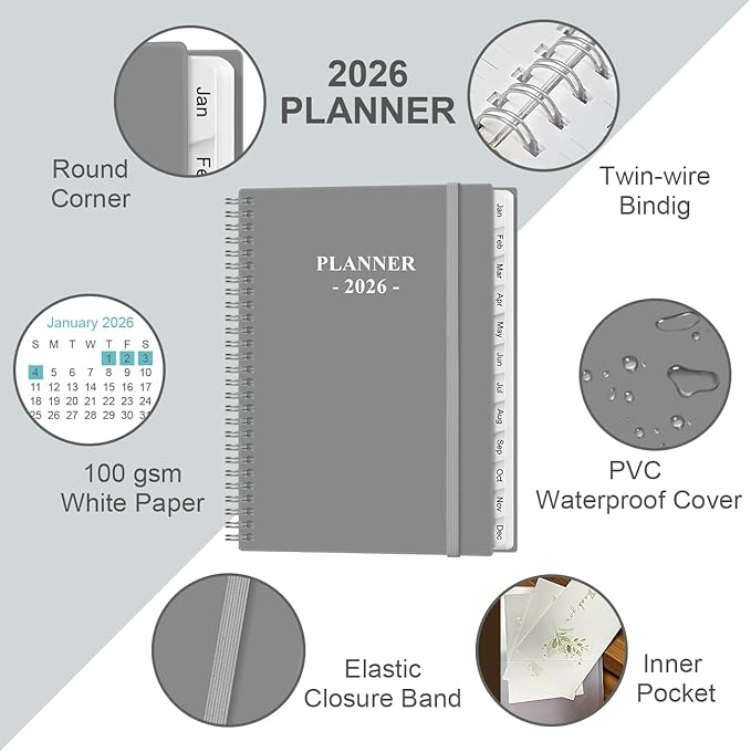 2026 Planner - 8.5" x 11" Weekly Monthly Planner from January 2026 to December 2026, Planner 2026 with 12 Monthly Tabs, Inner Pocket, Elastic Closure, Grey