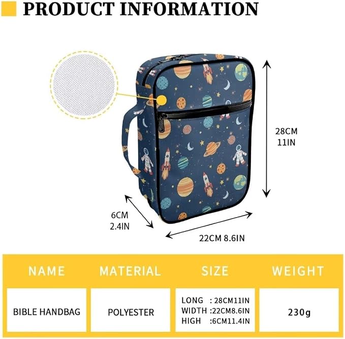 Coldinair Cartoon Bible Covers Bag for Kids,Outer Space Astronaut Carrying Book Case Church Bag Bible Holder with Handle and Zippered Pocket