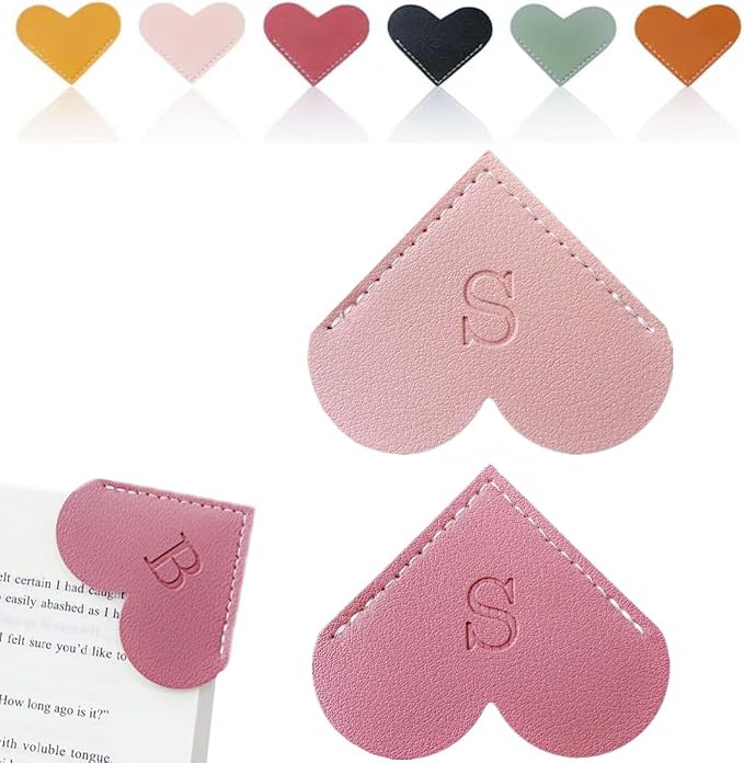 Personalized Leather Heart Bookmark, 26 Letters Customized Corner Book Mark for Reading Women, Book Marker with Initials，Cute Gifts (Light Pink+Deep Pink, S)