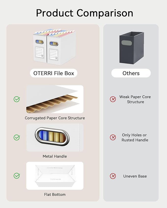 Oterri File Organizer Box, Portable Collapsible Cardboard File Folder Organizer with Handle for Letter Size Hanging Files, Document Storage Box for Home Office & Classroom (4 Packs, Multi color)