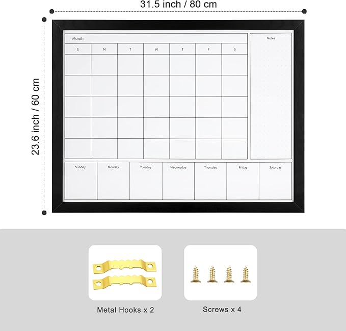 3-in-1 Dry Erase Calendar for Wall, 31.5x23.6 inches Magnetic Surface Monthly & Weekly Planner Whiteboard, Dry Erase Board with Black Wood Frame, Hanging White Board Calendar(YL+ZL-BK,6080)