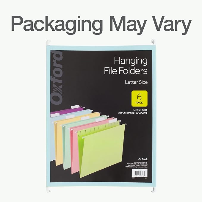 Oxford Hanging File Folders, 6 Pack, Letter Size (8.5" x 11"), 6 Assorted Colors, 5 Tab Positions, Includes Tabs and Inserts, Hanging Files for Office and Document Organization
