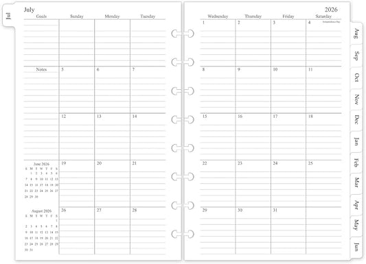 2026-2027 Monthly Planner Refill, A5 Medium Size Planner Inserts for 8-Disc Discbound, 5.5"x8.5", Jul. 2026 - Dec. 2027, 18 Monthly Calendars with Laminated Tabs