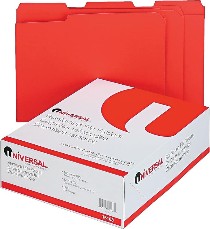 Universal Red Reinforced Top Tab File Folder, Letter Size, 1/3 Cut, Pack of 100