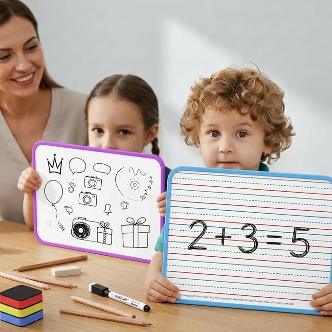 Dry Erase Boards 6 Pack, Colored Frame Double Sided Magnetic Small Whiteboards with Lines for Kids, Students, Teacher & Classroom Pack
