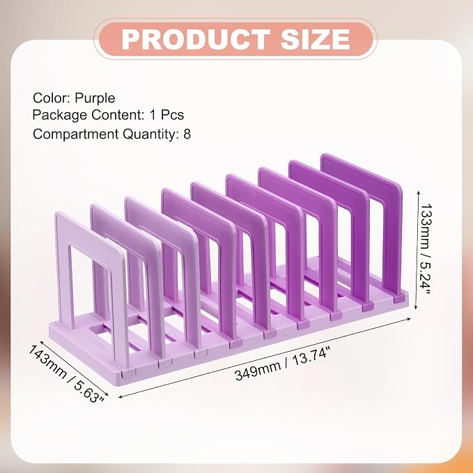 PATIKIL Desk File Sorter, 8 Section Plastic Desktop File Folder Vertical Dividers Mail Letter Organizer Magazine Holder Rack Stand for Home Office Classroom Library Bookshelf, Purple