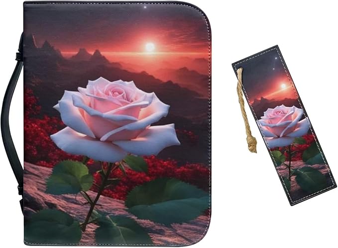 PU Bible Cover for Women Girls- Bible Case with Leather Bookmark (Set of 1) - Bible Study Supplies for Home, Office,Pink Rose and Sunset,Medium