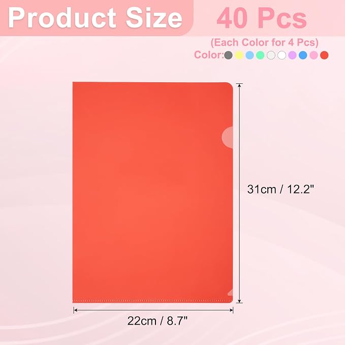 PATIKIL A4 Plastic Folders, 40 Pack Clear Folders L Type Project Pockets Paper Document Jacket Sleeves L Shaped Transparent for Documents Plastic Office File, 8.7x12.2in, 10 Color