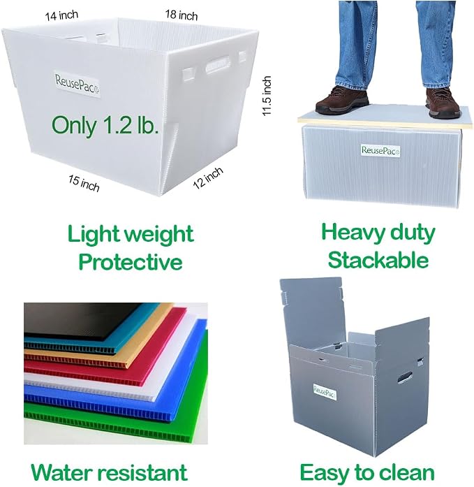 Reusable Foldable Box Corrugated PP Lightweight, Storage Moving Mailing, Heavy Duty Stackable, Tape Free Self-Locking Lid for Business Home (oWhite 4 Pack, 18x14x12in)