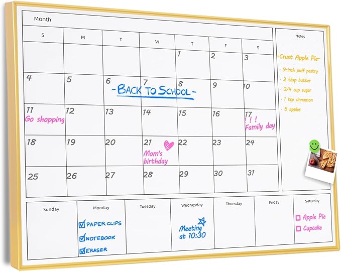 3-in-1 Dry Erase Calendar for Wall with Golden Aluminum Frame, 23.6X 17.7 inches Magnetic Monthly & Weekly Calendar Whiteboard, Dry Erase Board for Wall for Decor/Memo(YL+ZL-Gold,4560)