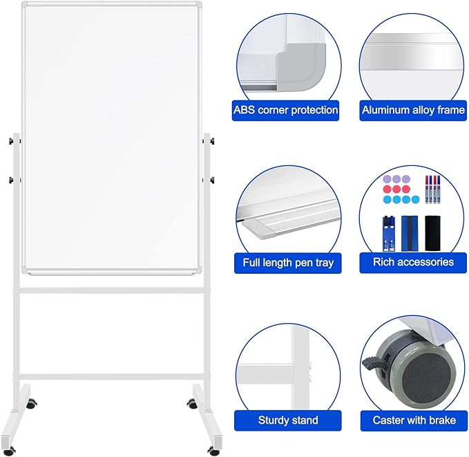 White Board Dry Erase Board with Stand 36" X 24", Mobile Whiteboard with Stands, Double-Sided & Height Adjustable Rolling Magnetic Whiteboard On Wheels, Portable Stand Up White Board
