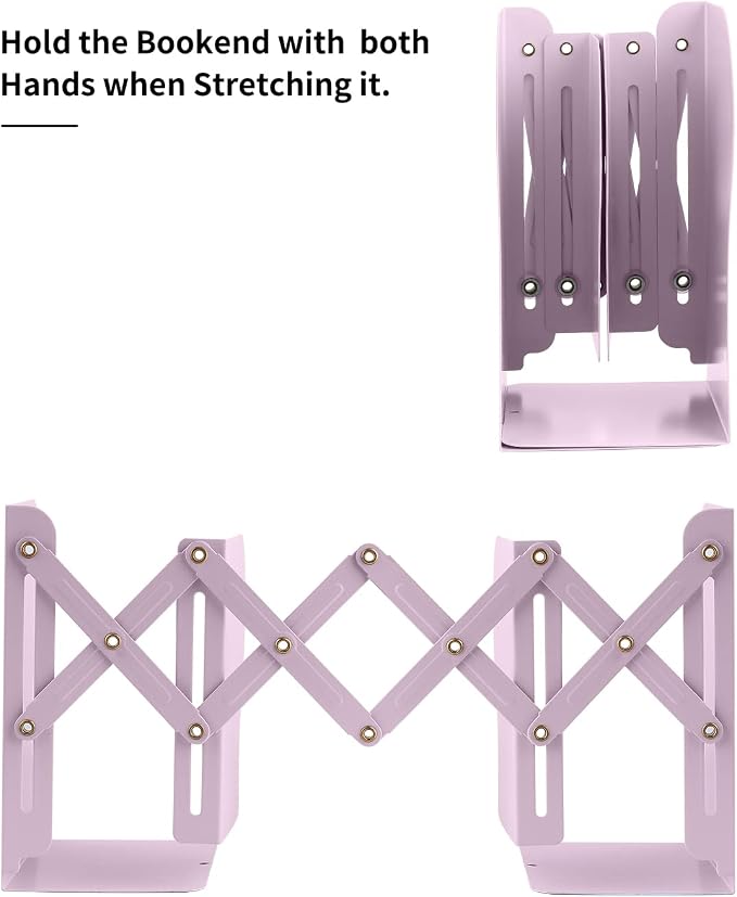 MSDADA Adjustable Bookends, Book Ends for Heavy Books, Expandable Book Organizer for Desk, Shelf, Office, School, for 6 7 8 9 10 11-15 Boys and Girls, Extends up to 19 inches (Macaron Pink)